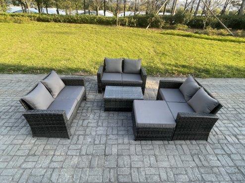 Fimous Dark Grey 7 Seater Outdoor Rattan Garden Furniture Set Patio Love Sofa Rectangular Coffee Table Set with Big Footstool