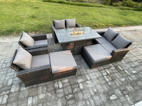 Fimous 8 Seater Rattan Garden Furniture Set Outdoor Lounge Sofa Chair Gas Fire Pit Dining Table Set With 2 Big Footstool Double Seat Sofa Armchiar