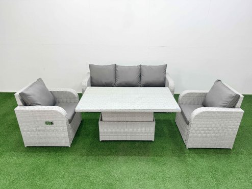 Fimous PE Rattan Garden Furniture Set Reclining Chair Sofa Lounge Sofa Set Adjustable Lifting Dining or Coffee Table Light Grey