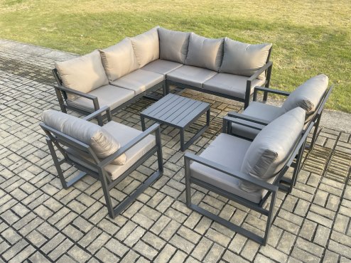 Fimous 8 Seater Outdoor Aluminium Garden Furniture Set Corner Lounge Sofa Set with Square Coffee Table Chair Dark Grey