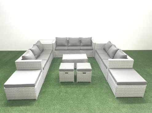 Fimous 9 Pieces Rattan Garden Furniture Set Outdoor Garden Sofa Coffee Table Set with Side Table 4 Footstools Light Grey Mixed
