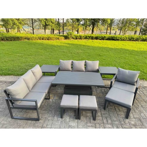 Fimous Garden Aluminium Furniture Set Dark Grey 10 Seater Outdoor Patio Adjustable Rising Lifting Dining Table with 3 Footstools Side Table Dark Grey