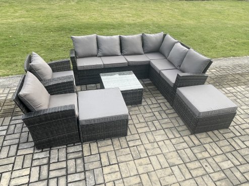 Fimous 10 Seat Rattan Garden Furniture Corner Sofa Set Outdoor Patio Sofa Table Set with 2 Big Footstool 2 Armchairs Dark Grey Mixed