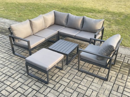 Fimous Outdoor Garden Furniture Set Aluminium Lounge Sofa Square Coffee Table Sets with Chair Big Footstool Indoor Conservatory Set Dark Grey