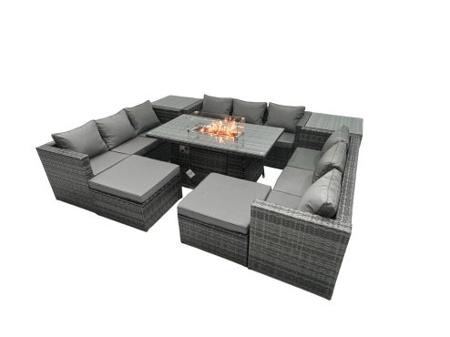 Fimous Rattan Garden Furniture Firepit Dining Set Outdoor 11 Seater Patio with Glass Top Dining Table 2 Side Tables