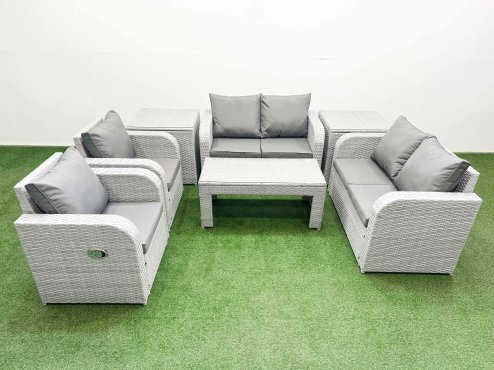 Fimous 6 Seater Outdoor Reclining Chair Love Sofa Set Rattan Garden Furniture Set with Oblong Coffee Table 2 Side Tables Light Grey