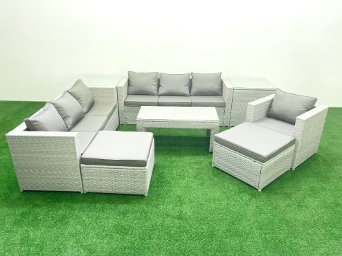Fimous Wicker PE Rattan Sofa Garden Furniture Set with Oblong Coffee Table Armchair 2 Big Footstools 2 Side Tables Light Grey Mixed Image