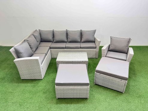 Fimous 9 Seater Garden Outdoor PE Rattan Furniture Set Rattan Garden Sofa Set with 2 Big Footstools Light Grey Mixed