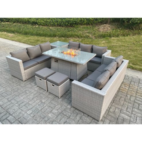 Fimous Light Grey U Shape Lounge Sofa Dining Set With Gas Heater Firepit Burner Dining Table Side Coffee Tea Table Big Stools