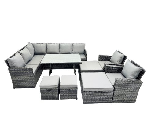 Fimous 12 Seat Poly Rattan Outdoor Patio Oblong Dining Table Corner Sofa Set with 4 Stool 2 Chairs for Garden Backyard Dark Grey Mixed