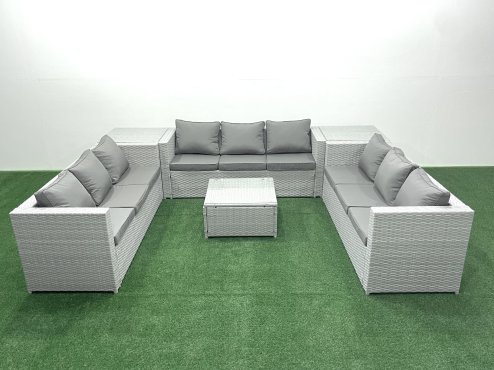 Fimous Rattan Garden Outdoor Furniture Set 9 Seater Rattan Garden Sofa Set with 2 Side Tables Light Grey Mixed