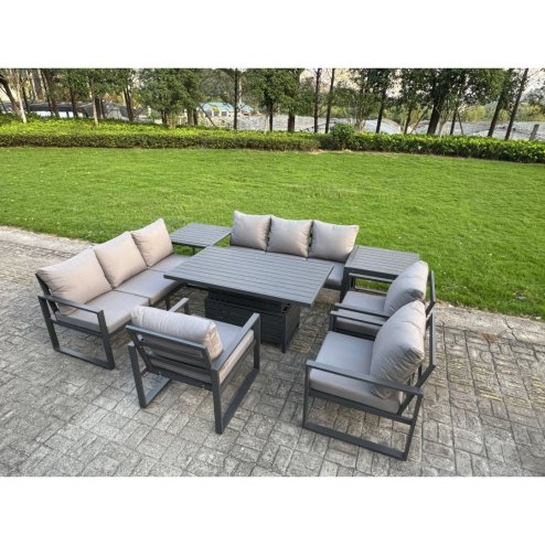 Fimous 7 Piece Garden Furniture Set 9-Seater Aluminium Outdoor Dining Set with Adjustable Rising Lifting Dining Table & Cushions Side Table 3 Chairs Dark Grey