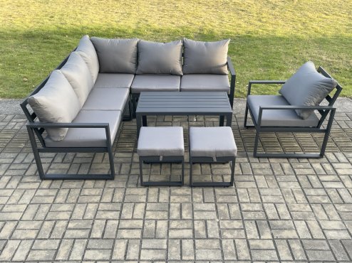 Fimous Aluminium Outdoor Garden Furniture Set Lounge Sofa Oblong Coffee Table Sets with Chair 2 Small Footstools Indoor Conservatory Set Dark Grey