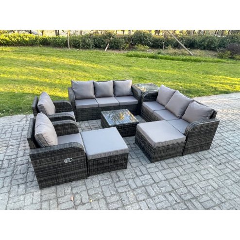 Fimous High Back Rattan Garden Furniture Set with Square Coffee Table 2 Big Footstool Side Table Indoor Outdoor Patio Lounge Sofa Set Dark Grey Mixed
