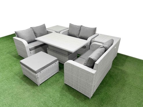 Fimous 7 Seater PE Wicker Rattan Furniture Sofa Sets with Adjustable Lifting Dining or Coffee Table 2 Seater Love Sofa Big Footstool 2 Side Table Light Grey