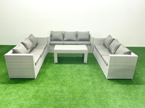 Fimous Rattan Garden Outdoor Furniture Set 9 Seater Garden Sofa Oblong Coffee Table Set Light Grey Mixed