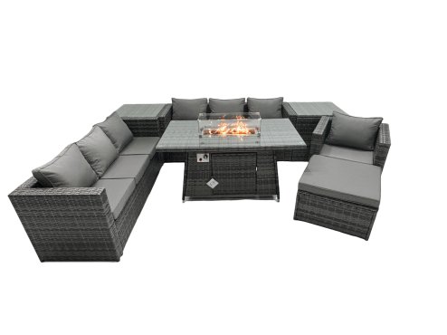 Fimous Rattan Garden Furniture Firepit Dining Set 8 Seater Lounge Sofa Table Set with 2 side table big Footstool