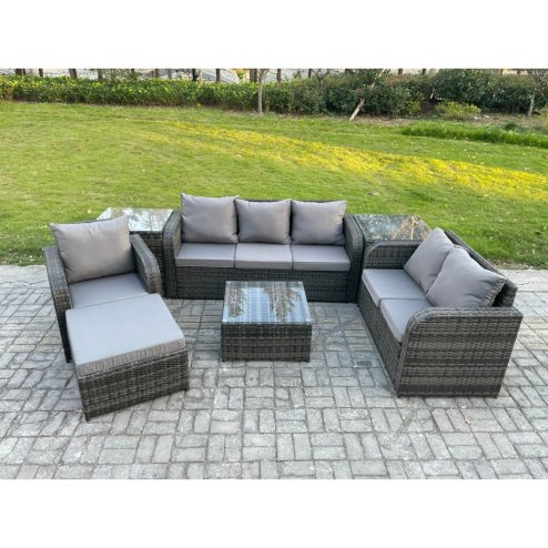 Fimous Rattan Garden Furniture 7 Piece Patio Set With Table Sofa Square Coffee Table Reclining Chair Love seat sofa 2 Side Tables Big Footstool
