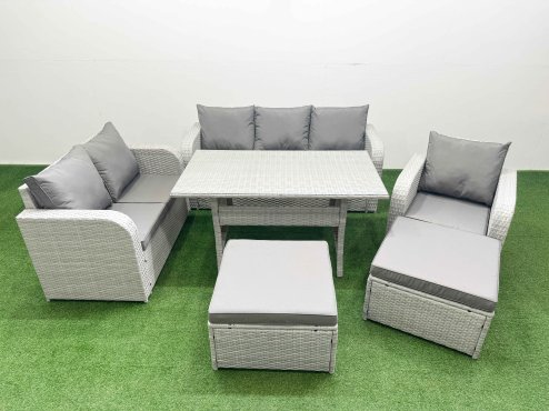 Fimous Patio PE Wicker 8 Seater Outdoor Rattan Furniture Sofa Sets with Rectangular Dining Table Reclining Chair Loveseat Sofa 3 Seater Sofa 2 Big Footstools Light Grey