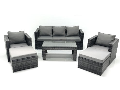 Fimous 7 Seater Rattan Garden Furniture Set Outdoor Lounger Sofa with Coffee Table 2 Armchair 2 Big Footstools Dark Grey Mixed