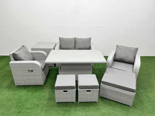 Fimous Light Grey PE Wicker Rattan Garden Furniture Set Sofa Set Reclining Chair Adjustable Lifting Dining or Coffee Table 7 Seater 3 Stools Side Table Image