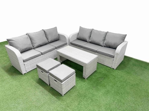 Fimous Outdoor Garden Furniture Sets 8 Seater Wicker Rattan Furniture Sofa Sets with Oblong Coffee Table high Back Lounge Sofa Stools Light Grey