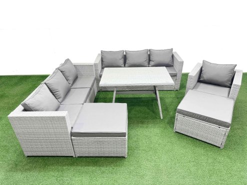 Fimous Outdoor Rattan Garden Furniture Dining Set 9-seater Patio Rectangular Table 3 Seater Sofa Armchair Set with 2 Big Stools