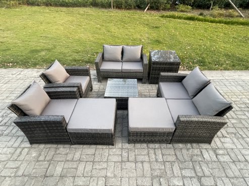 Fimous Outdoor Garden Furniture Sets 8 Pieces Wicker Rattan Furniture Manual Wicker Patio Sofa Patio Conversation Set with 2 Big Footstool Side Table Dark Grey Mixed