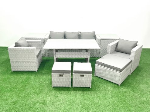 Fimous Garden Dining Set Outdoor Rattan Furniture Set with Sofa Dining Table 2 Chairs 3 Footstools 2 Side Tables Light Grey Mixed
