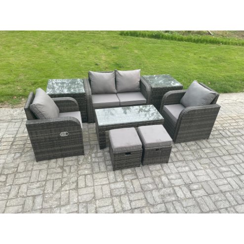 Fimous Outdoor Lounge Sofa Set Wicker PE Rattan Garden Furniture Set with Reclining Chair Coffee Table 2 Side Tables 2 Small Footstools Dark Grey Mixed