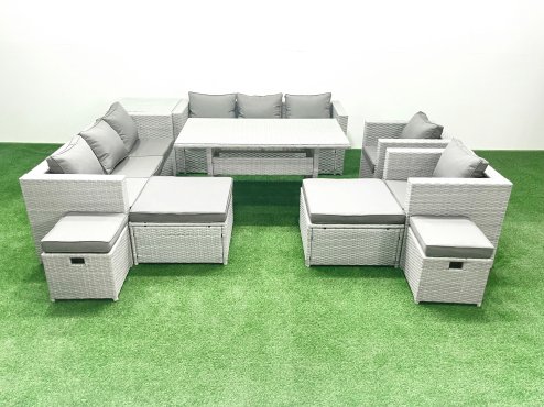 Fimous Rattan Garden Furniture Dining Set 12 Seater Lounge Sofa Chair Dining Table Set with 4 Footstools Side Table Light Grey Mixed