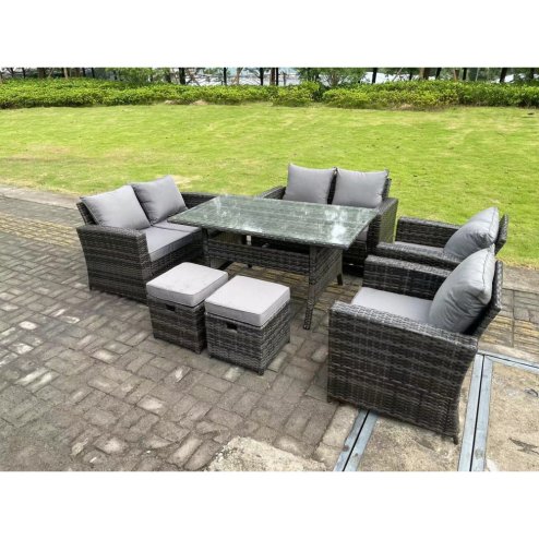 Fimous 8 Seater High Back Dark Grey Mixed Rattan Sofa Dining Table Set Garden Furniture Love Sofa Arm Chair Stools