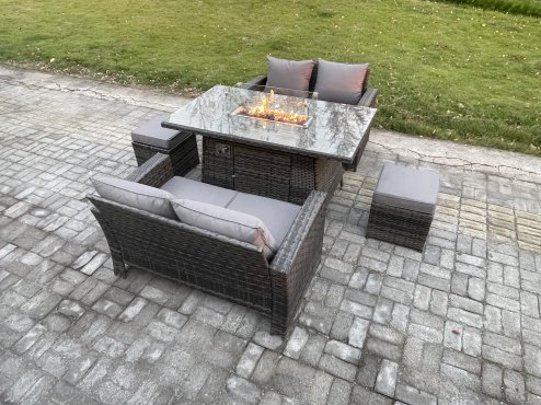 Fimous 5 Pieces Garden Furniture Sets Poly Rattan Outdoor Patio Gas Firepit Dining Table Sofa Set with 2 Small Footstools
