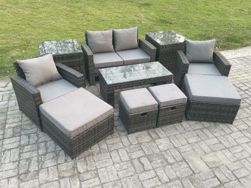 Fimous High Back Rattan Garden Furniture Sofa Sets with Rectangular Coffee Table 2 Side Tables Armchair 2 Big Footstool 2 Small Footstools Dark Grey Mixed