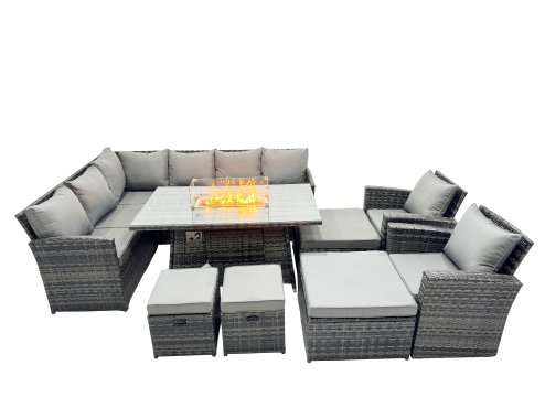 Fimous 12 Seat Poly Rattan Outdoor Patio Gas Firpit Dining Table Corner Sofa Set with 4 Stool 2 Chairs for Garden Backyard Dark Grey Mixed