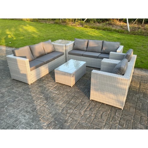 Fimous 6 PC Light Grey Outdoor PE Rattan Garden Furniture Set Wicker Sofa Coffee Table 2 Armchair