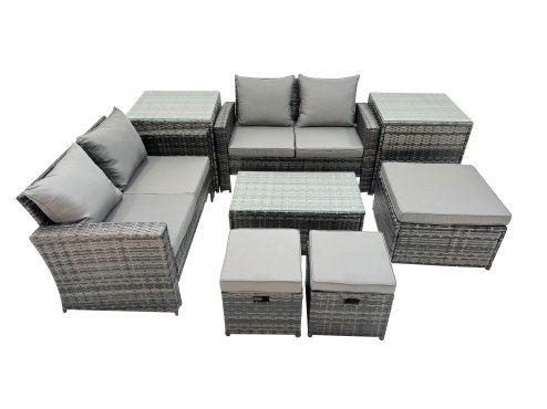 Fimous PE Rattan Garden Furniture Set Lounge Double Seat Sofa Coffee Table Set with 2 Side Tables 3 Stools Dark Grey MixedMixed