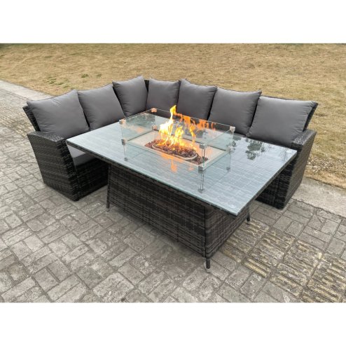 Fimous Outdoor Rattan Corner Sofa Garden Furniture High Back Sofa Set Gas Fire Pit Dining Table Gas Heater Burner 6 Seater