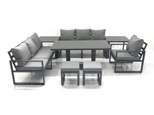 Fimous Outdoor Garden Furniture Set Aluminium Lounge Sofa Adjustable Rising Lifting Dining Table Sets with 2 Small Footstools 2 Side Tables Dark Grey