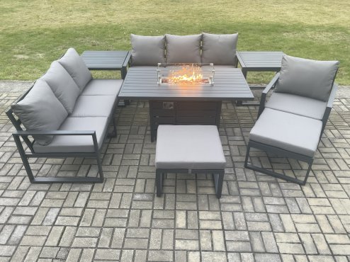 Fimous Aluminium 8 Pieces Garden Furniture Sofa Set with Cushions 9 Seater Gas Fire Pit Dining Table Set with 2 Side Tables 2 Big Footstools Dark Grey