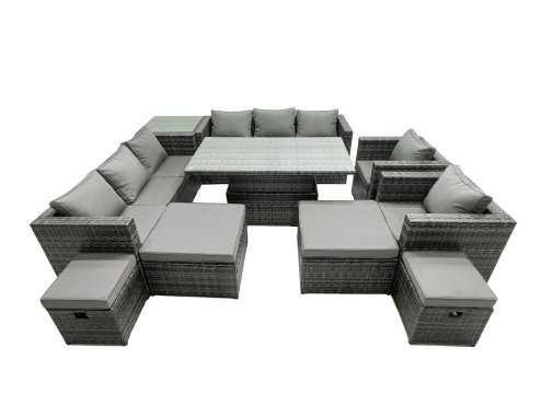 Fimous Rattan Dining Table Sofa Set with Side Table 2 Armchair 4 Stools Outdoor 12 Seat Garden Furniture Set Dark Grey Mixed