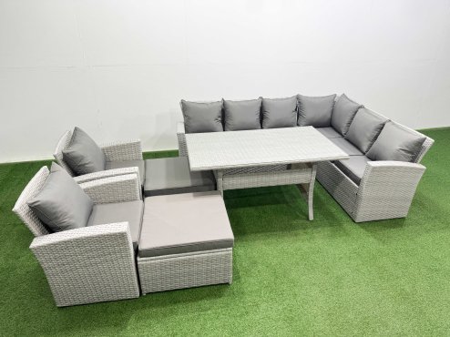 Fimous Rattan Garden Furniture Set Outdoor 10 Seater Patio Dining Corner Sofa Sets with Dining Table Chair Big Footstools Light Grey Mixed