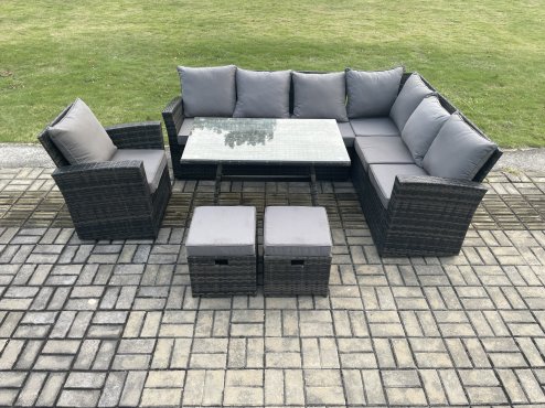 Fimous Outdoor Furniture Garden Dining Set Rattan Corner Sofa Chair Set Rectangular Dining Table with Temper Glass Footstools Dark Grey Mixed