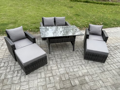 Fimous 6 Seater High Back Outdoor Garden Furniture Rattan Sofa Dining Table Set with Armchair 2 Big Footstool Dark Grey Mixed