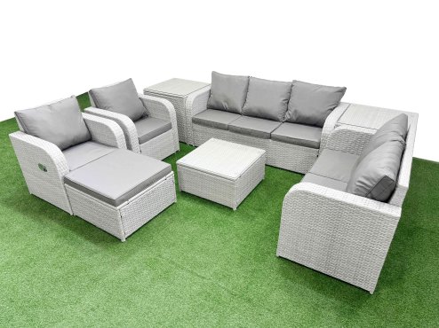 Fimous PE Rattan Garden Furniture Set Adjustable Chair Sofa Double Love Seat 2 Seater Sofa Lounge Set Square Coffee Table Big Footstool 2 Side Table Light Grey Image