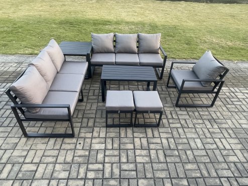 Fimous Aluminium 9 Seater Garden Furniture Outdoor Patio Sofa Set with Rectangular Coffee Table Armchair 2 Small Footstool Side Table Dark Grey