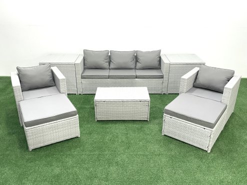 Fimous Rattan Garden Furniture Set with 3 Seater Sofa 2 Chair Rectangular Coffee Table 2 Big Footstools 2 Side Tables Light Grey Mixed 7 Seater