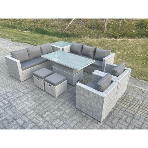 Fimous Rattan Garden Funiture Set Height Adjustable Rising Lifting Table Sofa Dining Set Lounge Chair Side Table Stool