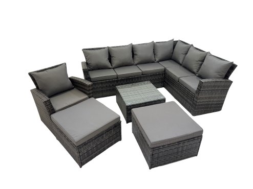 Fimous Rattan Garden Outdoor Furniture Set 9 Seater Garden Sofa Coffee Table Sets with Chair 2 Big Footstools Dark Grey Mixed