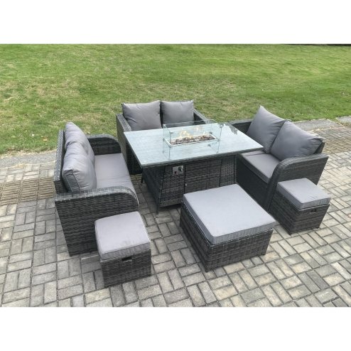 Fimous 9 Seater Outdoor Rattan Furniture Garden Dining Set Gas Fire Pit Table with Love Sofa 3 Footstools Dark Grey Mixed
